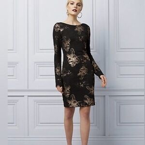 LE CHATEAU Dress Party Lightly Textured Black Gold Deep V Back Zip L/S NWT Sz L